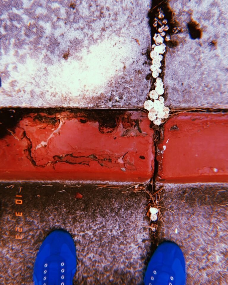 blue shoes standing near red painted curb with cracked concrete and white residue marks