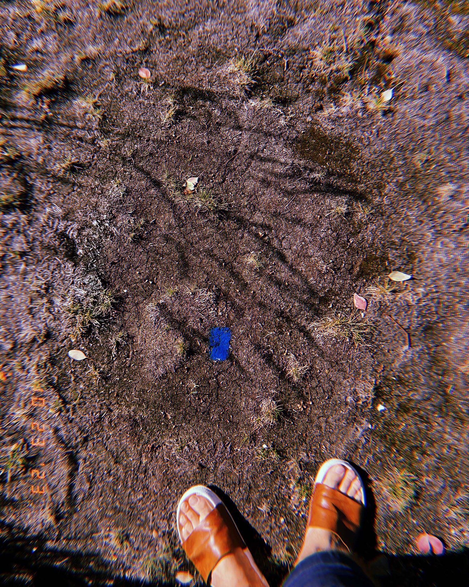 feet in sandals standing on cracked soil surface with a small blue paint mark