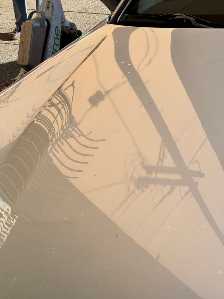 shadow of utility pole and wires reflected on beige car hood