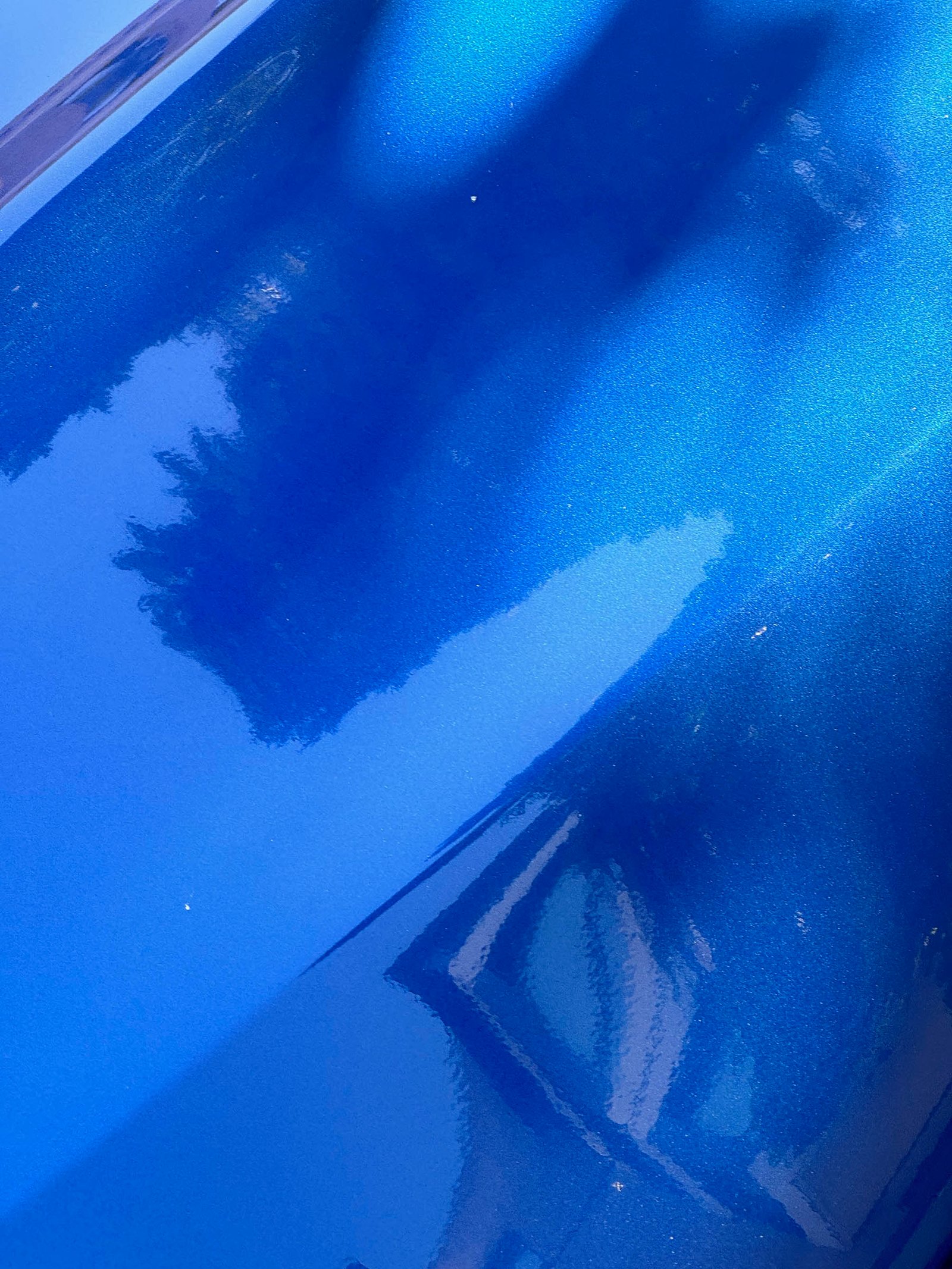 reflection of tree canopy and sky in metallic blue car surface