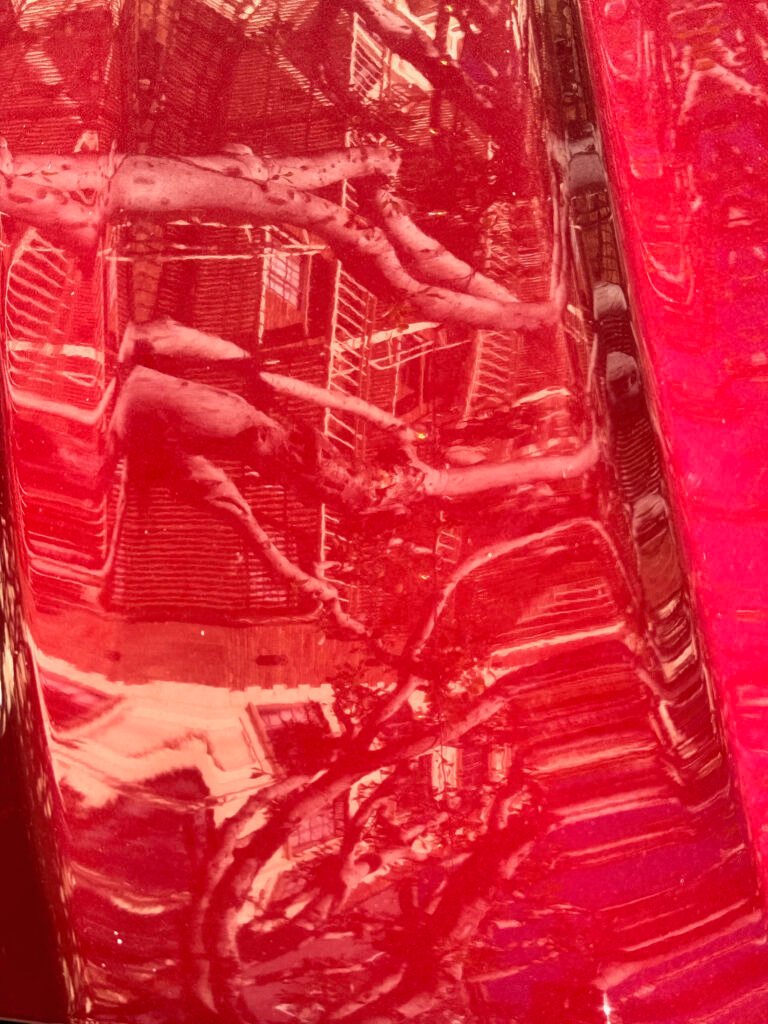 reflection of tree branches and building facade in red car surface