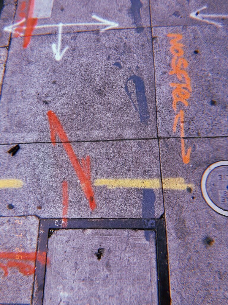 utility markings and directional arrows painted on sidewalk pavement