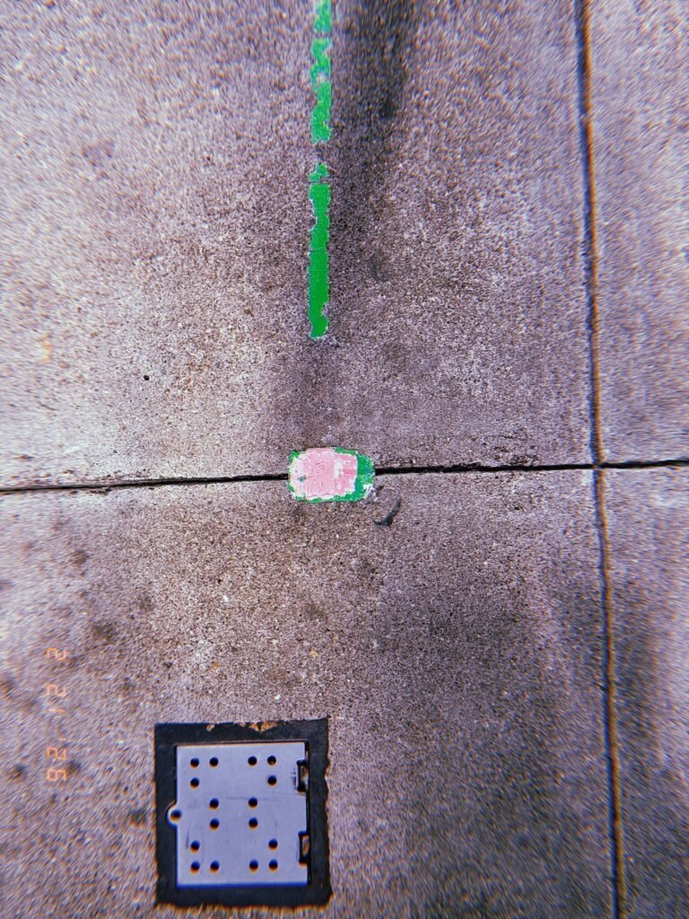 green survey marking line leading to a small painted utility marker on sidewalk