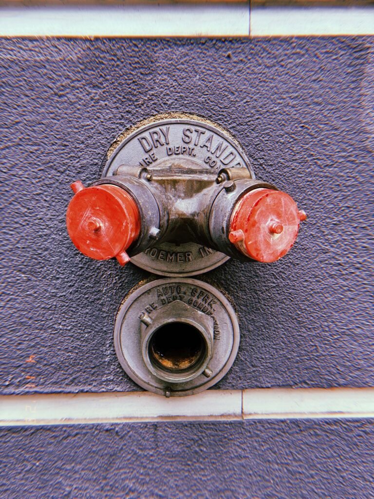 Fire department connection labeled “DRY STANDPIPE” with two red-capped hose outlets mounted above an open “AUTO SPKR” inlet on a textured wall.