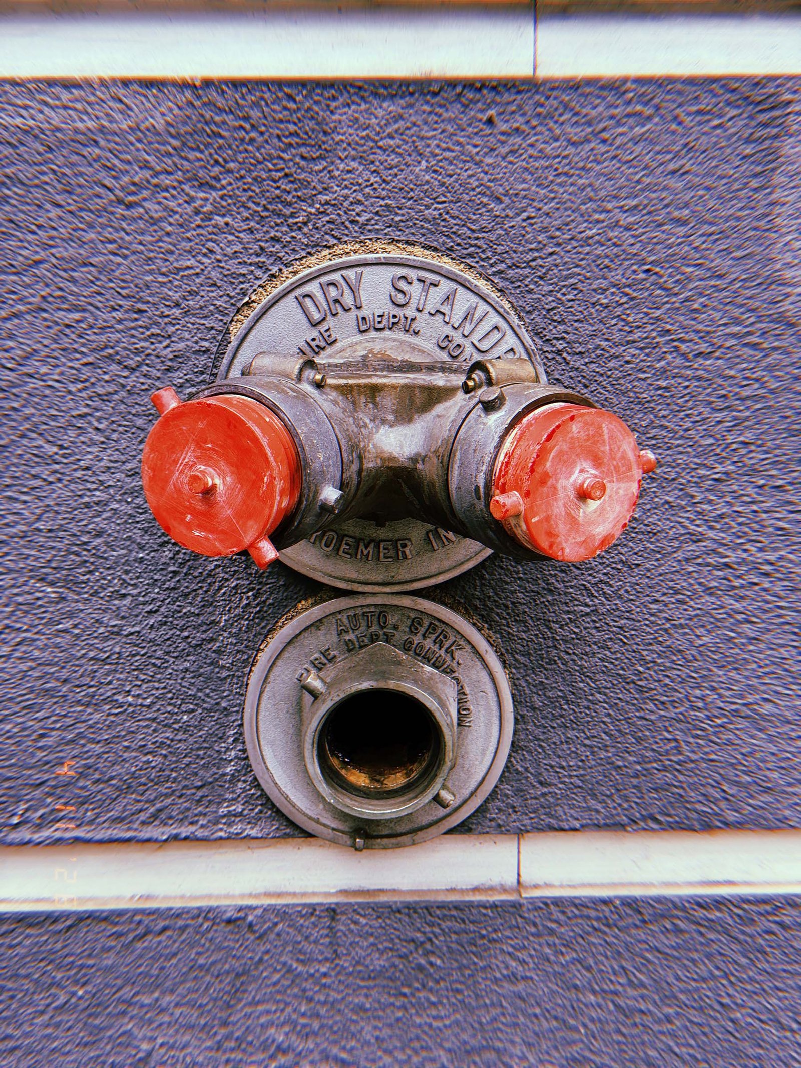 Fire department connection labeled “DRY STANDPIPE” with two red-capped hose outlets mounted above an open “AUTO SPKR” inlet on a textured wall.