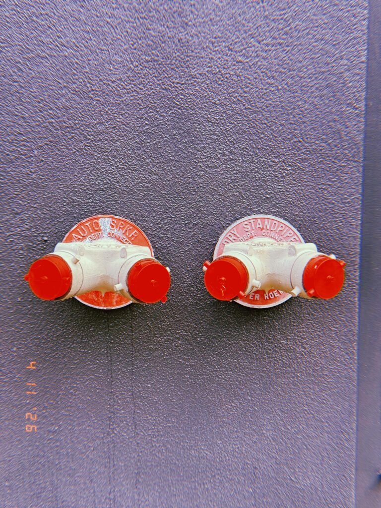 Two fire department connections with red caps mounted on a textured wall, one labeled “AUTO SPKR” and the other “DRY STANDPIPE,” each with dual hose outlets.