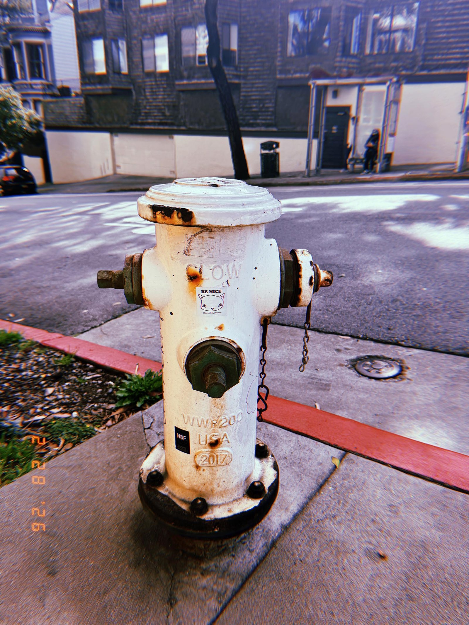 White fire hydrant labeled “LOW” standing on a sidewalk next to a red-painted curb, with rust marks, stickers, and chains attached to the side outlets.
