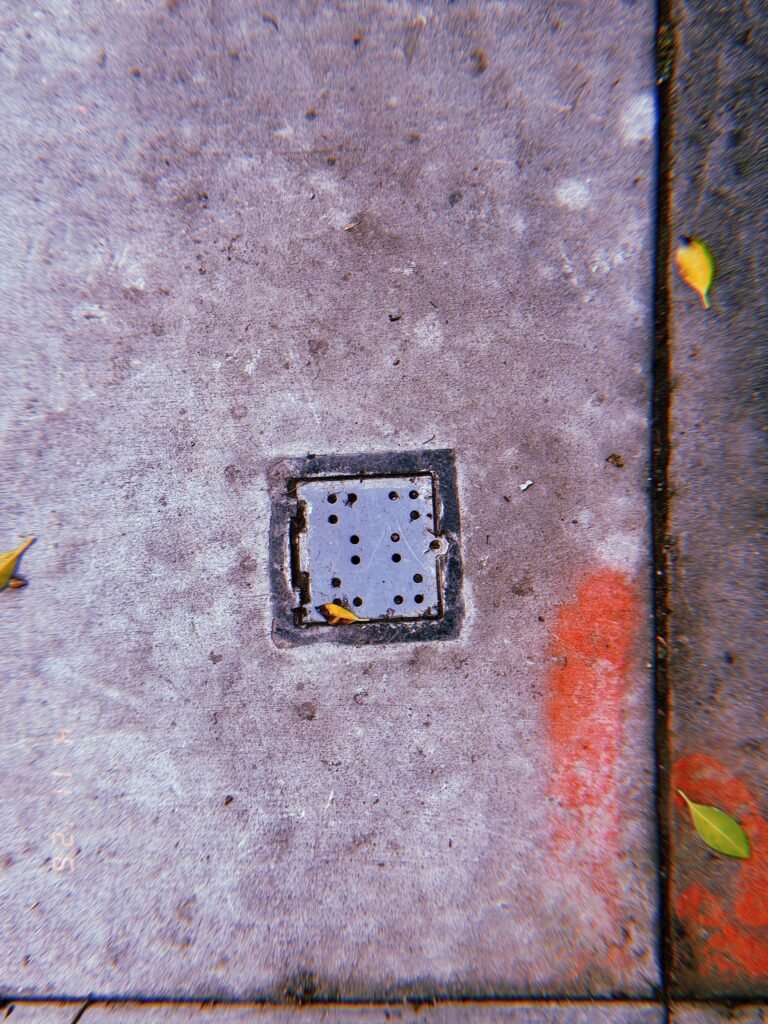 Square perforated metal drain inlet embedded in concrete sidewalk with scattered leaves and orange surface marking nearby.
