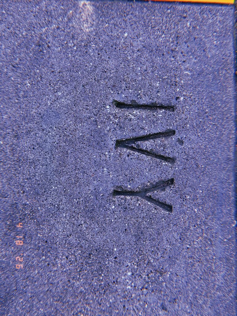 The letters “IVY” embedded into a concrete sidewalk surface, forming a permanent street identification marker surrounded by textured pavement.