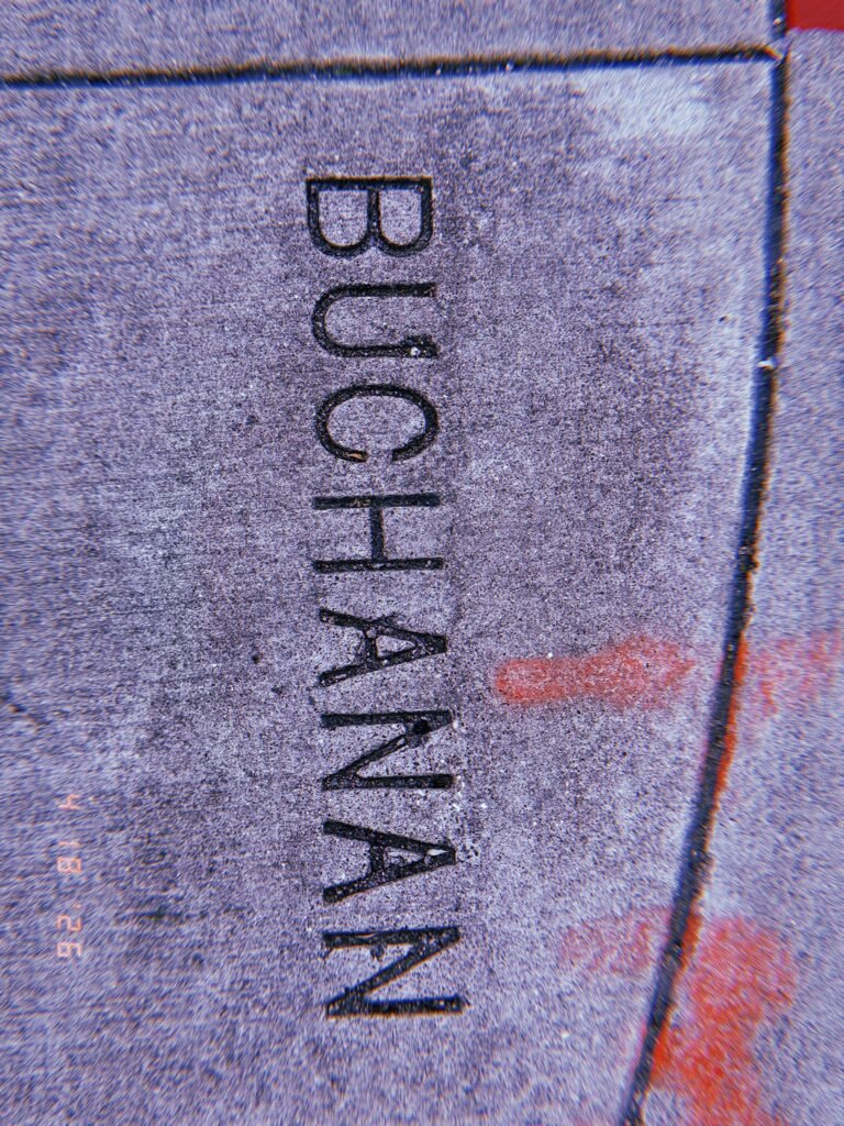 The word "BUCHANAN" embedded in a concrete sidewalk section as a permanent street identification marker, surrounded by surface wear and utility paint markings.