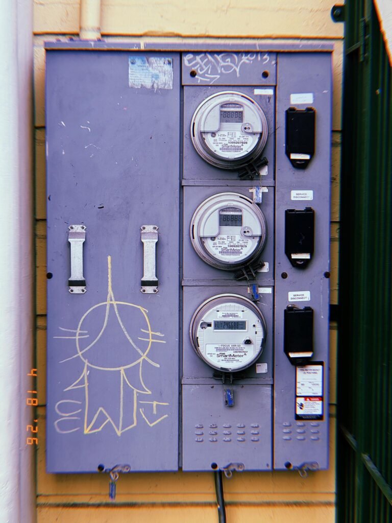 Three digital electrical smart meters mounted vertically within a shared utility service cabinet. The cabinet includes service disconnect units, locking mechanisms, graffiti markings, and electrical distribution infrastructure attached to an exterior building wall.
