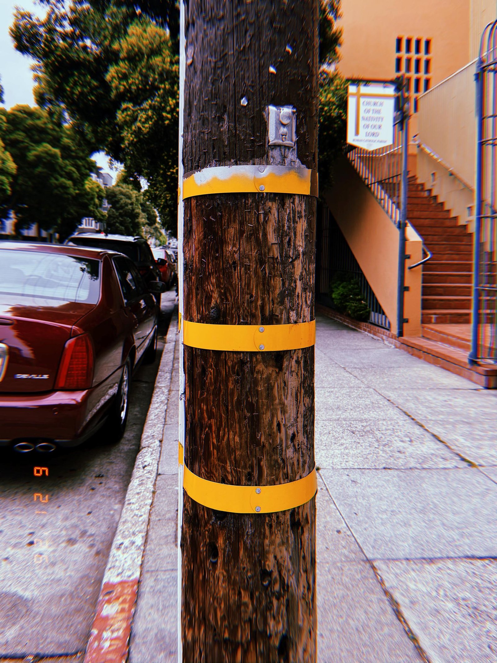 Wooden utility pole with three yellow identification bands along a residential San Francisco sidewalk.