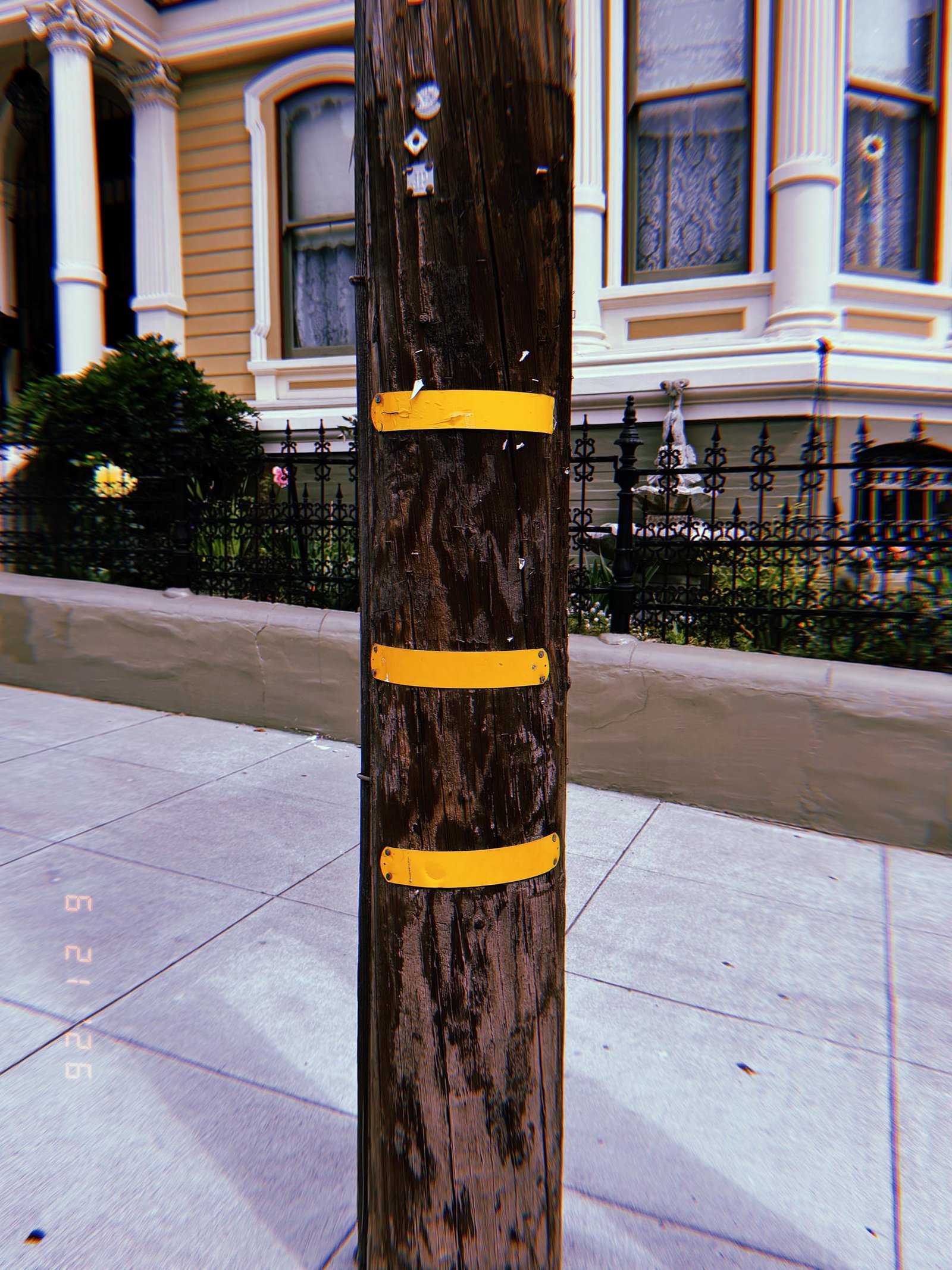 Wooden utility pole with three yellow identification bands on a residential San Francisco sidewalk.