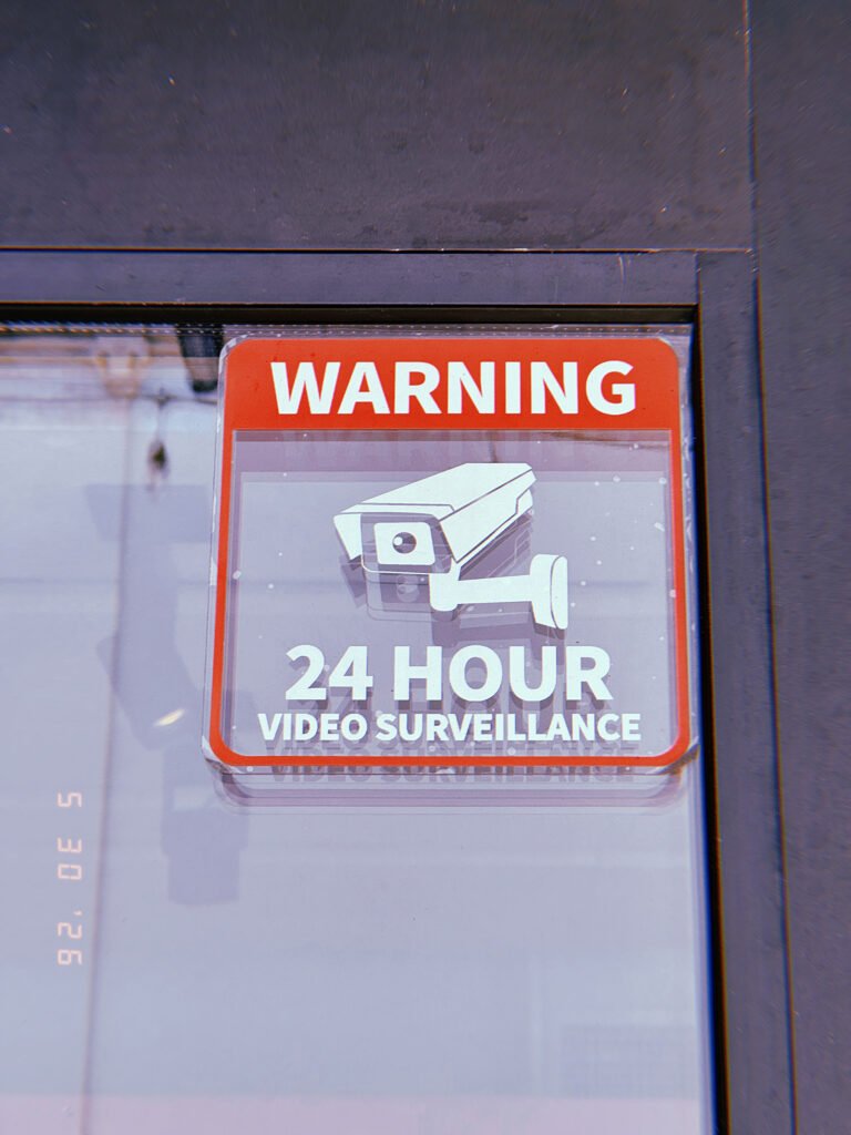Red warning sign for 24-hour video surveillance displayed behind glass in San Francisco.