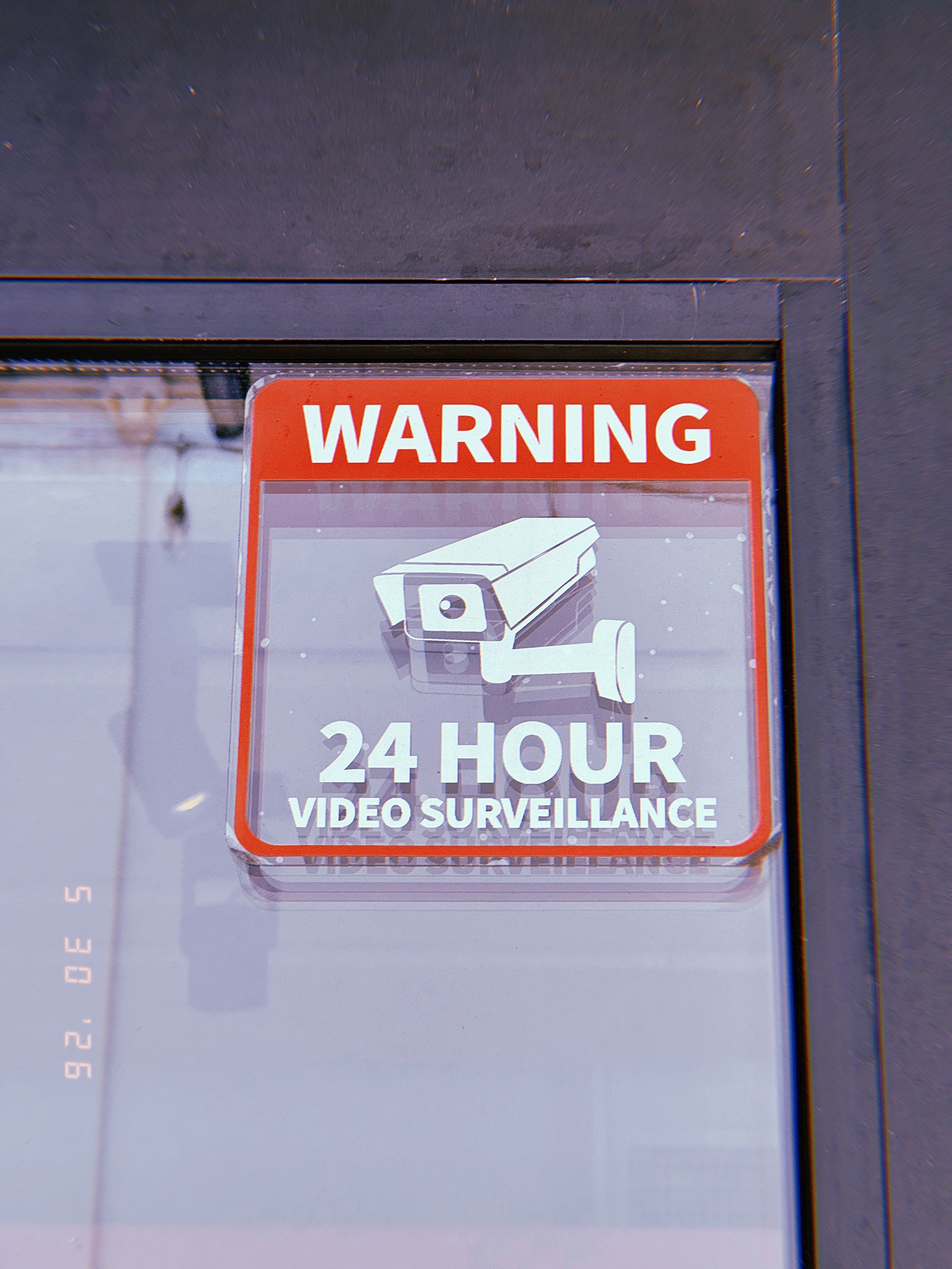 Red warning sign for 24-hour video surveillance displayed behind glass in San Francisco.