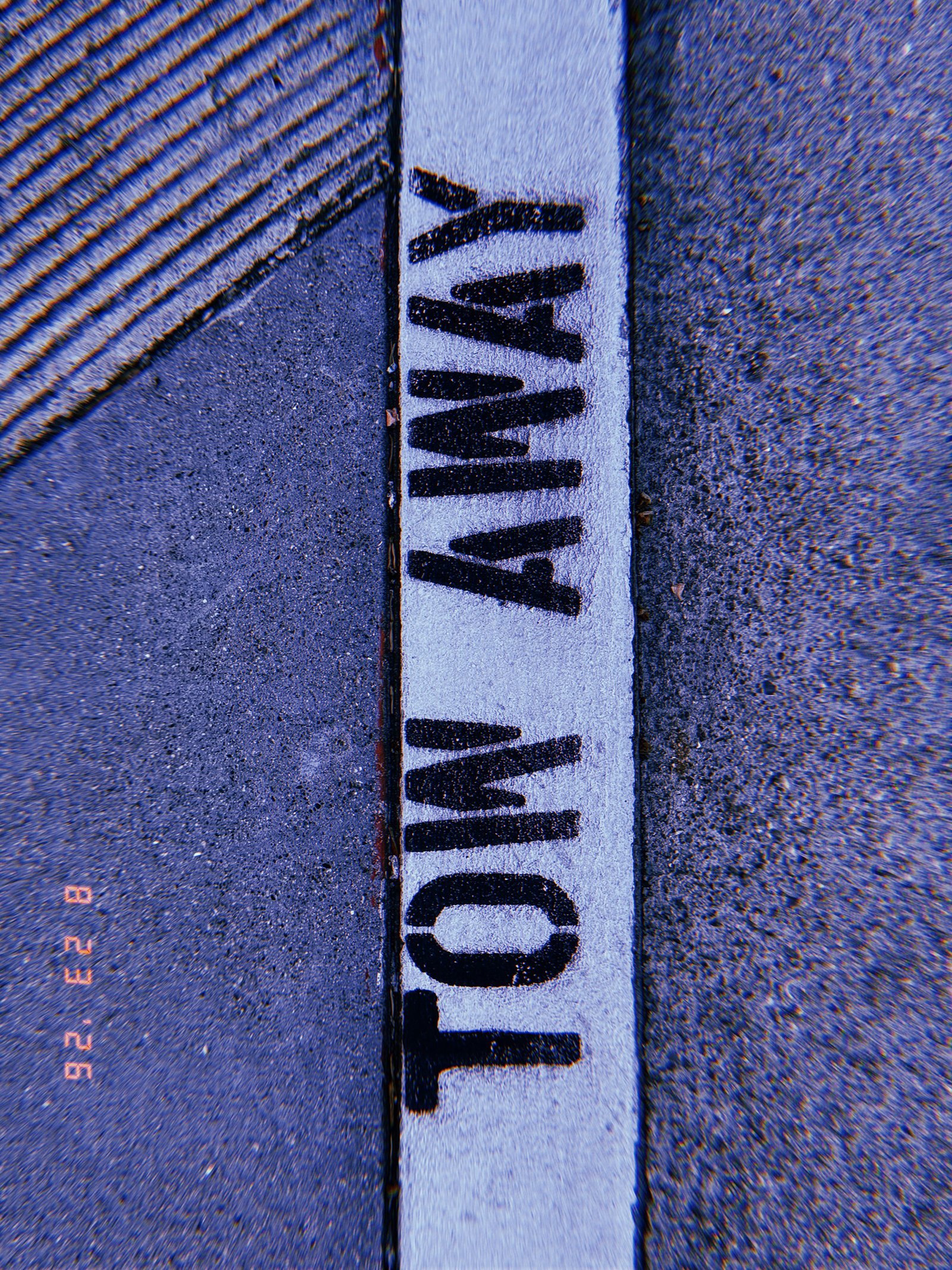 Black “TOW AWAY” lettering painted on a white curb between the sidewalk and street.