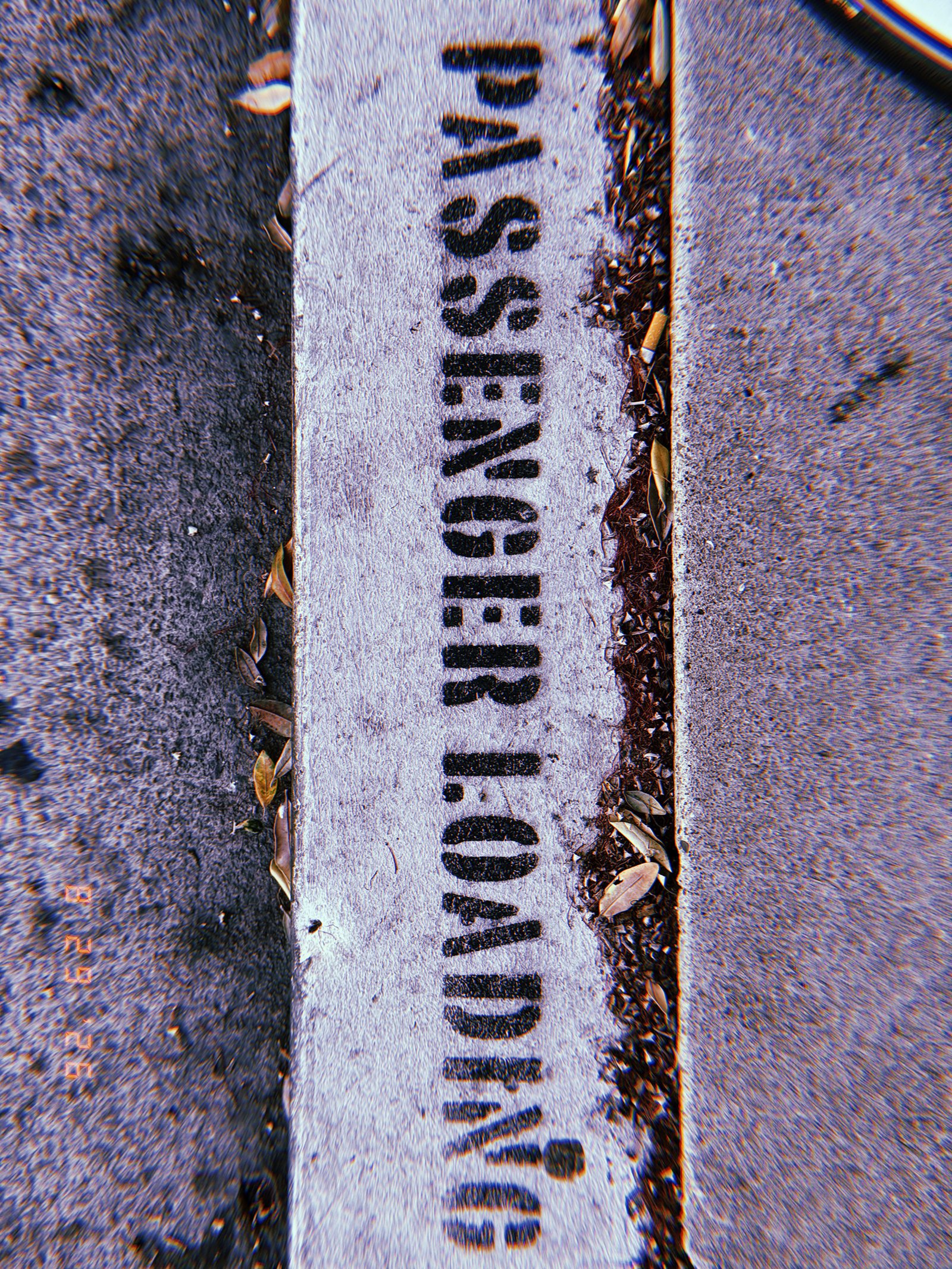 Black “PASSENGER LOADING” lettering painted along a worn white curb beside a San Francisco sidewalk.