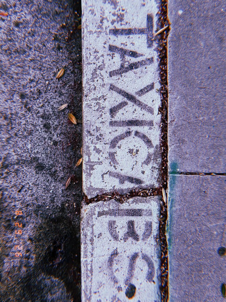 Faded black “TAXI” and “153” markings painted on a worn white curb beside a San Francisco sidewalk.
