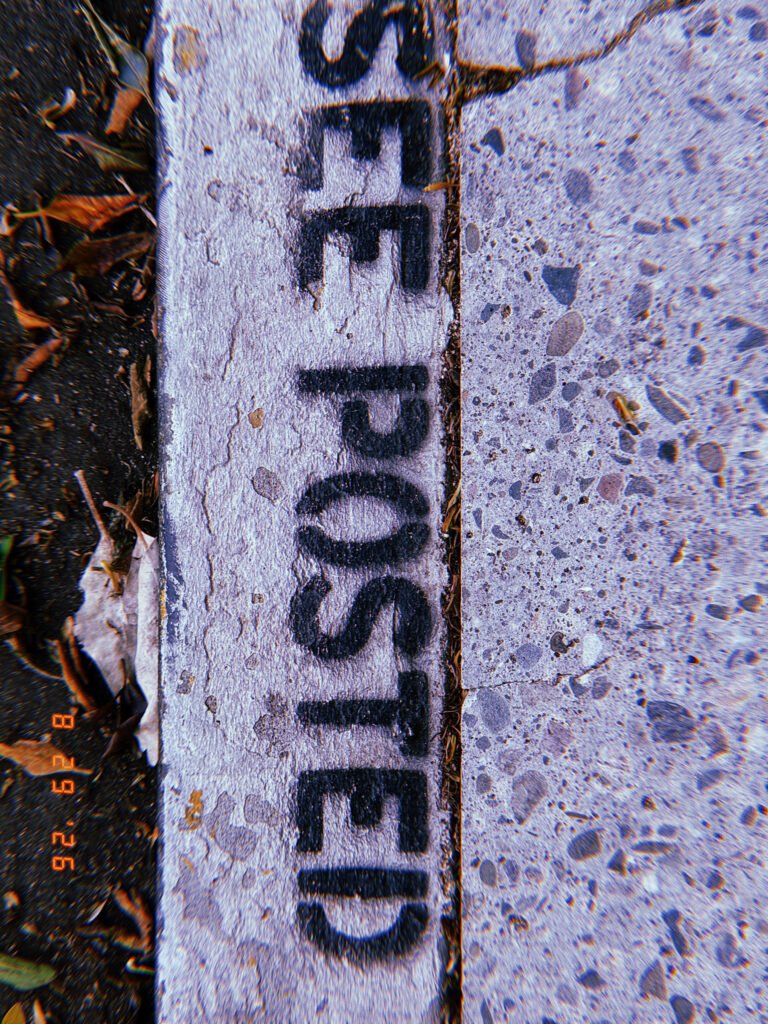 Black “NO POSTED” marking painted on a white curb beside a San Francisco sidewalk.