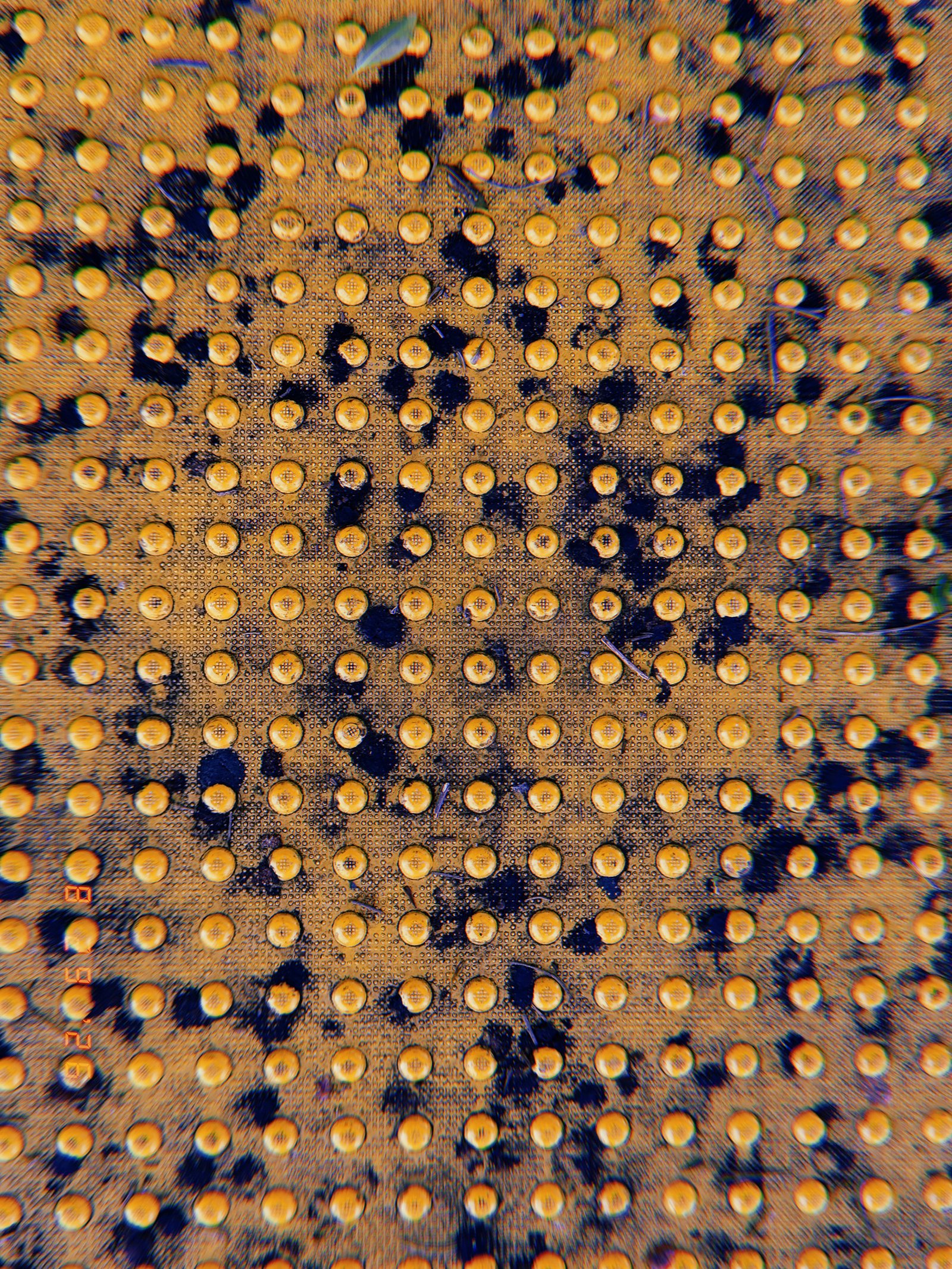 Close-up of a worn yellow tactile warning surface with raised domes, dark stains, debris, and signs of heavy use.