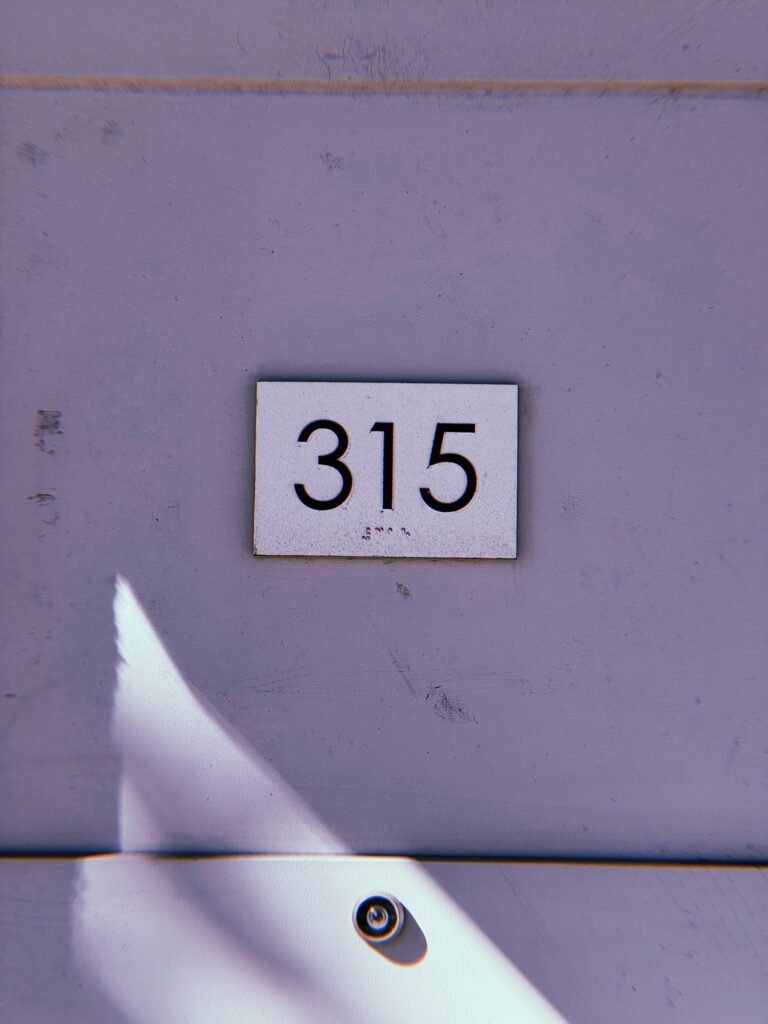 ALT Text: White rectangular address plaque displaying black numbers 315 on a pale lavender wall, with diagonal sunlight and a small circular doorbell below.